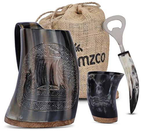 Lahumzco Viking Drinking Ox Horn Mug Medieval Ale Beer, Stein Mead Norse Style Hand Engraved Polish Finish Gift Mugs With Shot Glass/Cup and Bottle Opener (Viking Ship)