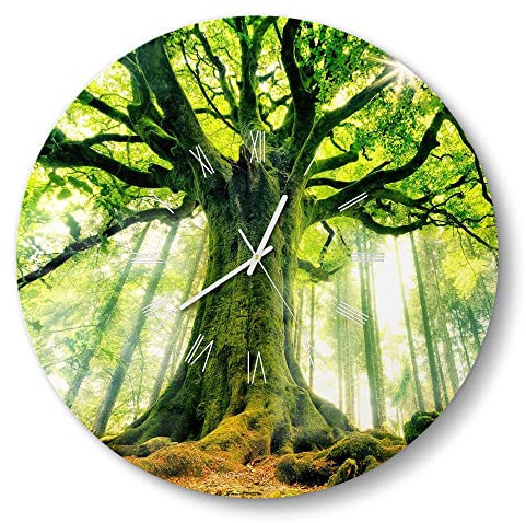 DEQORI Glasuhr | rund Ø 50 cm | Motiv Eindrucksvoller Baum | große XXL Design Uhr aus Glas | leise Wanduhr für Wohnzimmer & Küche | moderne Hingucker Uhr für die Wand