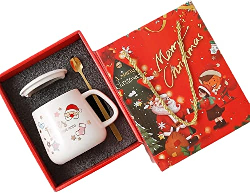 ZOSOFAC Weihnachtstasse Geschenkset mit Deckel und Löffel, Keramik, Weihnachtstasse, 350 ml, großes Fassungsvermögen, Keramik-Teetassen mit Griff, mikrowellengeeignet, perfekt für Kaffee