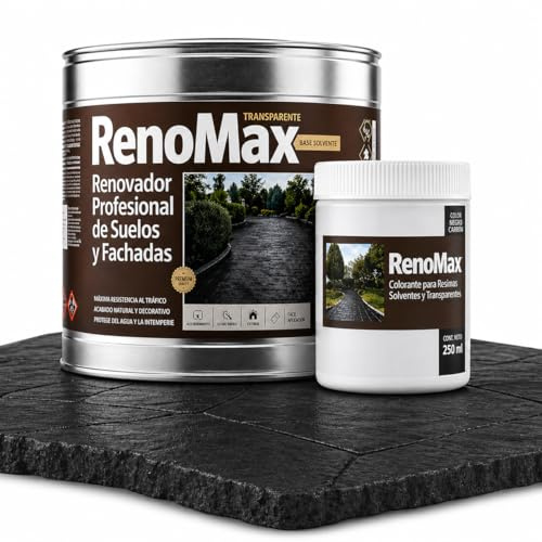 Renomax - Resina Hormigon Impreso y Superficies Porosas Al Disolvente + Tinte Hormigon Impreso Negro Carbón, 5L Cubre hasta 50m² | Repara y Protege Suelos,Fachadas | Fácil de Aplicar, Garantía 5 Años