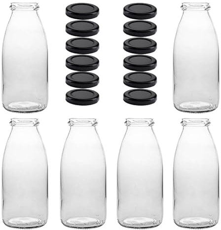mikken Lot de 6 bouteilles en verre de 250 ml avec bouchon noir + 6 couvercles de rechange et 6 étiquettes