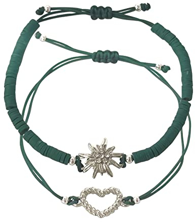 Alpenflüstern Heishi Perlen Trachten-Armband Set Strass-Edelweiss und Herz - Damen-Trachtenschmuck mit Edelweiss und Trachten-Herz silber-farben, verstellbare Armketten (grün) DAB079