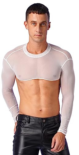 Nyeemya Camiseta de Malla Transparente Manga Larga Hombre Camiseta Interior de Rejilla Ropa Interior Muscular Hombres Ropa de Fiesta para Club Nocturno Negro Blanco A XL