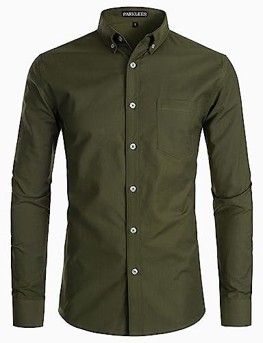 PARKLEES Men's Slim Fit Long Sleeve Smart Casual Button Down Oxford Shirts EU-PZ111 Army Green Large