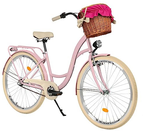 Balticuz OU Milord Komfort Fahrrad mit Weidenkorb, Hollandrad, Damenfahrrad, Citybike, Vintage, 26 Zoll, Rosa-Creme, 3-Gang