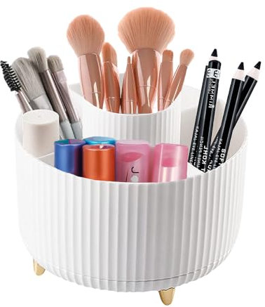 Sangping 360°Rotating Makeup Organiser,Makeup Brush Holder with 5 Slot Makeup Brushes Cup for Bathroom Countertops,Vanity Decor,Pen Holder for Desk,Makeup Storage - White