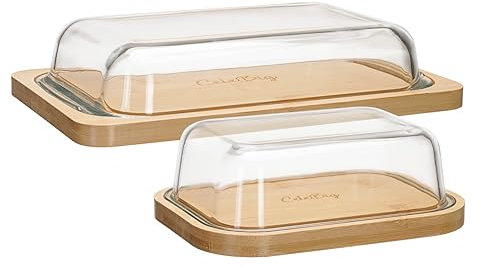 CeleBig® Ensemble de beurriers | Bambou écologique et durable | Couvercle en verre de qualité supérieure | Bambou de qualité supérieure | Empilable, durable et sans plastique | Boîtes de conservation