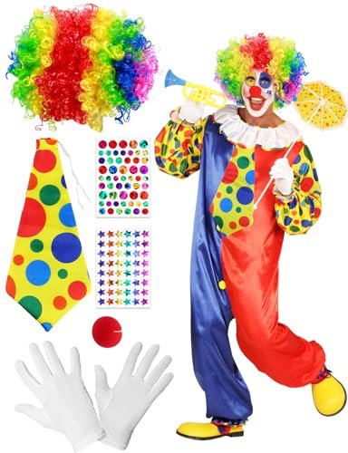 5 Stück Clown Kostüm Accessoire für Kinder Damen Herren, Regenbogen Clown Perücke+Clownsnase Rot+Bunte Krawatte+Handschuhe+Aufkleber, Geeignet Kostümzubehör für Karneval Ostern EIN clownkostüm