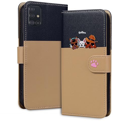 Tiyoo Lovely & Cute Flip Wallet Phone Case for Galaxy Samsung A51 with Cartoon Cat&Dog Pattern,Premium Magnetic PU+TPU high protection Phone Cover for Samsung A51(Khaki)