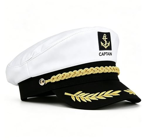 Mystiqut Captain Hat, Adjustable Sailor Hats Captains Hat for a Boat Sailors Hats, Sailing Nautical Fancy Dress, For Club Pub Party Costume Accessory Halloween Cosplay(White)