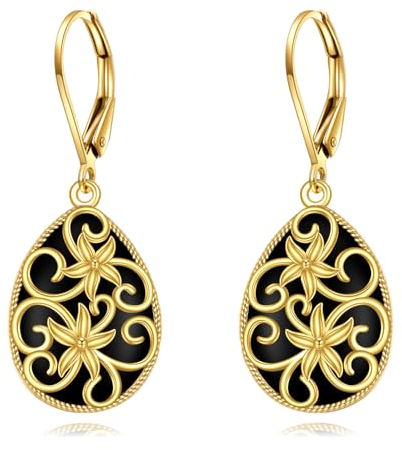 Schwarze Onyx Ohrringe 925 Sterling Silber Gold Filigrane Tropfen Hängend Ohrhänger Schmuck Geschenk für Damen Mädchen
