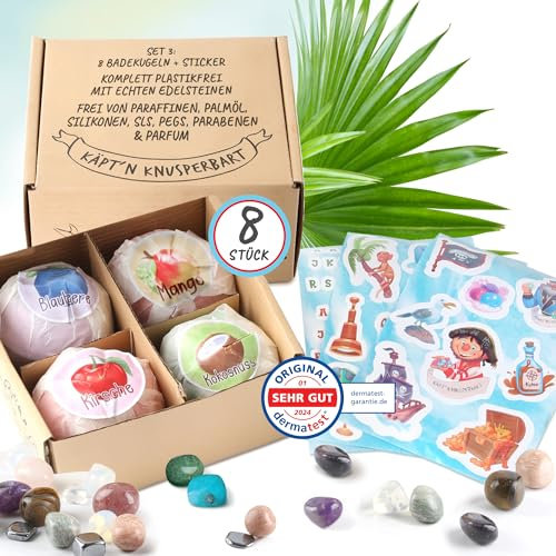 Käpt'n Knusperbart 8 Badekugeln mit Edelstein Überraschung + Aufkleber, Plastikfrei mit natürlichen Inhaltsstoffen, Frei von Parafinen, Palmöl, Silikonen, SLS, PEGs, Parabenene und Parfum