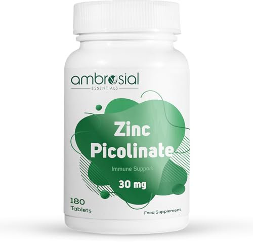Ambrosial Zinc Picolinate 30mg Tablets - High Strength Supplements for Immune Support - Gluten Free Mineral Supplement for Skin, Hair, Nails, Bones & for Acne - 180 Zinc Tablets