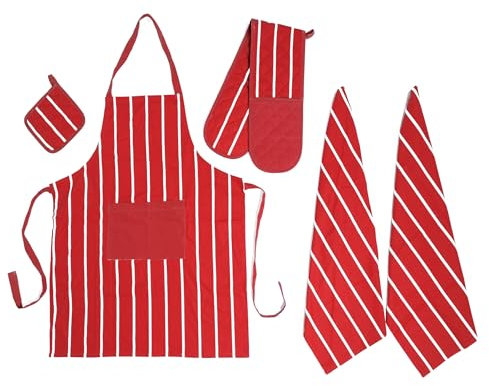Olivia Rocco Kitchen Sets Apron Double Oven Gloves Towel Set Heat Resistant Oven Mitts Pot Holder for Home Kitchen Baking and Cooking Pack of 5, Butcher Stripe Red