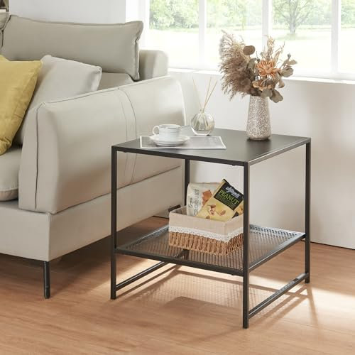 [en.casa] Beistelltisch Ruokolahti Wohnzimmertisch mit Gitterablage quadratisch Couchtisch Ablagetisch Schwarz matt Nachttisch Metall Sofatisch 51 x 51 x 51 cm