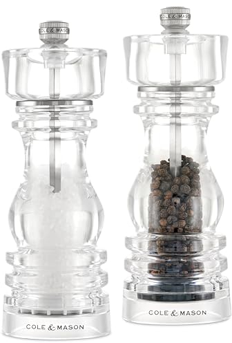 Cole & Mason London Ensemble de moulins à poivre et sel en acrylique 180 mm Precision+ Carbone/Céramique Moulins à sel et poivre avec mouture réglable Coffret cadeau
