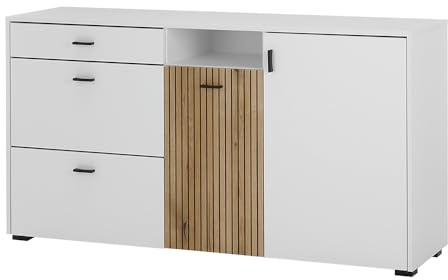 Lomadox Kommode Anrichte Sideboard Wohnzimmerschrank Schrank modern weiß matt mit Eiche Rillen 150x79,6x42 cm