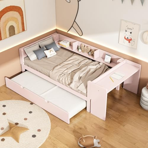 WIZBED Kiefer Kinderbett Ausziehbett 90x200 mit Regale und Schreibtisch, Tagesbett Ausziehbar mit Lattenrost, Massivholz Gästebett Holzbett Sofabett,ohne Matratze (Rosa)