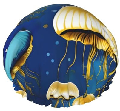 Blue And Gold Jellyfish Shower Cap For Women, Reusable Shower Cap, Waterproof Bath Cap For Women Long Hair