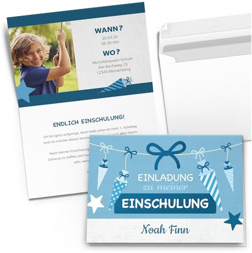 10 Einladungskarten Einschulung mit Foto und Text personalisiert mit Umschlägen Schuleinführung Schulkind Schulanfang Motiv Blau Schultüte Jungen Einladung