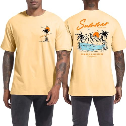 Qiqilyly T-shirt pour homme avec imprimé palmier pour homme surdimensionné imprimé hawaïen T-shirt en coton T-shirt d'été soleil plage col rond manches courtes été décontracté style urbain, Orange