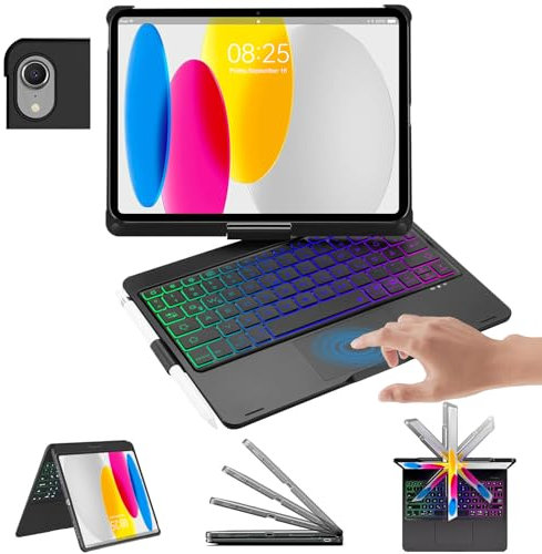 FOGARI Hülle für iPad 10 Generation 10,9 Zoll 2022, QWERTZ Trackpad Tastatur | 7 Farben Beleuchtete | 360 Drehbar für iPad 10 Gen A2696/ A2757/ A2777, Schwarz