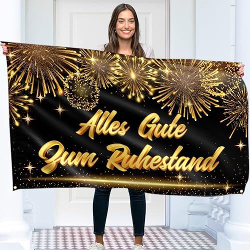 Alles Gute Zum Ruhestand Banner 150 x 90 cm – Rente Gut Alles Gut Girlande – Endlich Ruhestand Deko – Lebendiger Digitaldruck – 110 Den Polyester – Doppelnaht (Schwarz & Gold)