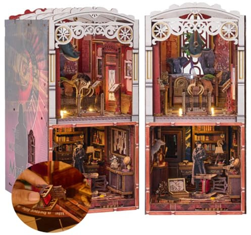 DIY Book Nook Kit, Detektivagentur Thema DIY Miniatur Puppenhaus, Glaskuppel Design Buchecke Bücherregal Einsatz, eingebaute drehbare versteckte Tür und Touch-Schalter Raumdekoration, einzigartiges
