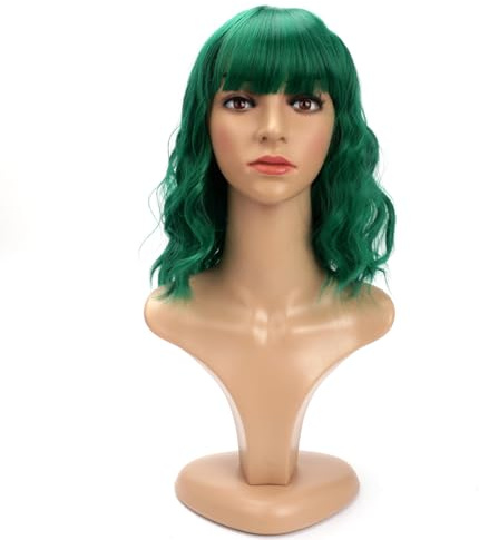 BERRYLION Wigs for Women|Short Bob Wig with Bangs|Synthetic Wavy Bob Wig With Air Bangs (Green)