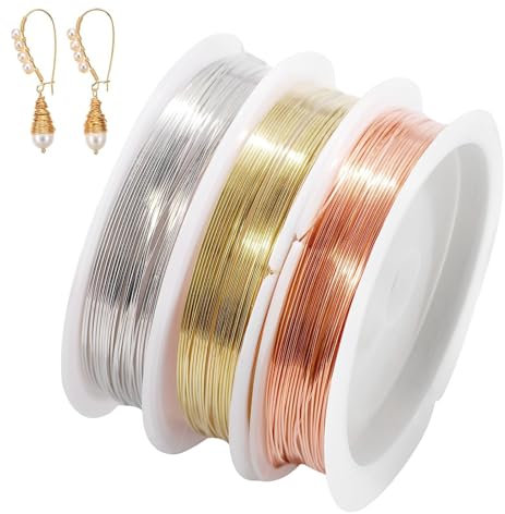 YIIWONI 3 Rotoli Filo di Rame per Gioielli 0.5mm x 6.5m, Filo Metallico per Bigiotteria, Filo Rame per Gioielli in Argento/Oro/Oro Rosa, per Artigianato, Creazione di Gioielli DIY, 6.5 Metri/Rotolo