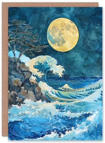 Artery8 Greeting Card Great Wave Seascape Under a Full Moon Watercolour Blank For Him Or Her Art Birthday Card