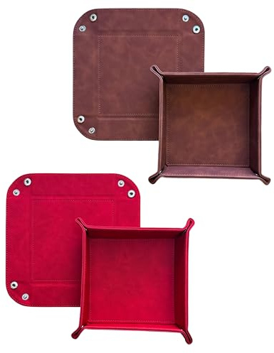 Set di 2 tappetini pieghevoli in pelle (16 x 16 cm), svuotatori quadrati per chiavi, cellulare, cuffie, piccoli oggetti, gioielli (marrone - rosso)