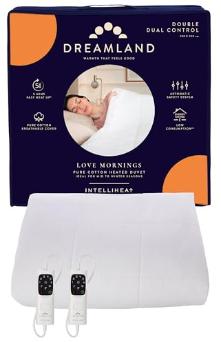 Dreamland Love Mornings Heated Duvet – Pure Cotton Cover, Double Size 200×200 cm, 6 Heat Settings, Rapid Heat-Up, 2 Detachable Controllers & Auto Safety Shut-Off, All-Season Use Electric Blanket