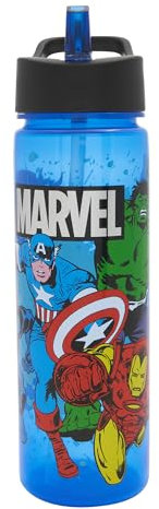 Marvel Avengers Kids Water Bottle with Straw by Polar Gear - 600ml Back to School Supplies - Hulk, Thor, Captain America, Iron Man Bottle for Kids - Official Merchandise, Blue