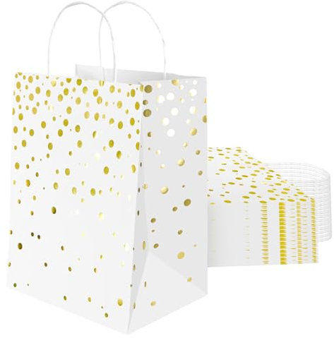 Papiertüten Weißgold 24 Stück Große Geschenktüten mit Henkel 25 x 20 x 14 cm Wiederverwendbare Kraftpapier Tüten Papiertaschen