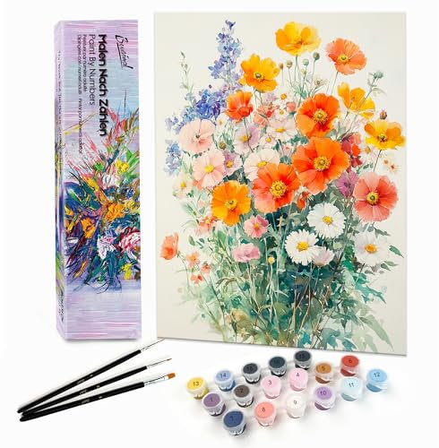 Bougimal Peinture par Numéro Adulte Paysages avec Pinceaux et Acryliques Bricolage Peintures Kits, pour la Décoration Intérieure maison, Fleurs 4 28x35cm(sans Cadre)