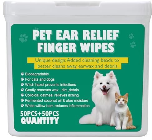 100 XL Dog Ear Cleaning Finger Wipes - Extra Large 1.77 Natural Coconut Oil & Aloe Dog Ear Wipes | Gently Removes Wax, Odor, Dirt, Itchy For Dogs & Cats | Hypoalergenic Biodegradable Dog Ear Cleaner