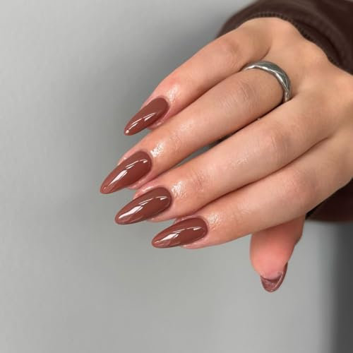 SXVME Light Brown False Nails Medium, Acrylic Press on Nails Almond Solid Color Full Cover Fake Nails Medium Stiletto Stick on Nails for Women DIY Nail Art 24 Pcs