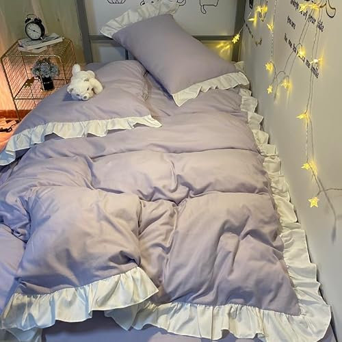 QSYEDR Purple Ruffle Bedding set, Shabby Chic Ruffle Frills Lilac Single Duvet Cover set for Girls Women Teens Bedroom, Soft Microfiber Ruffle Plain Comforter Cover with Zipper Closure Purple Double