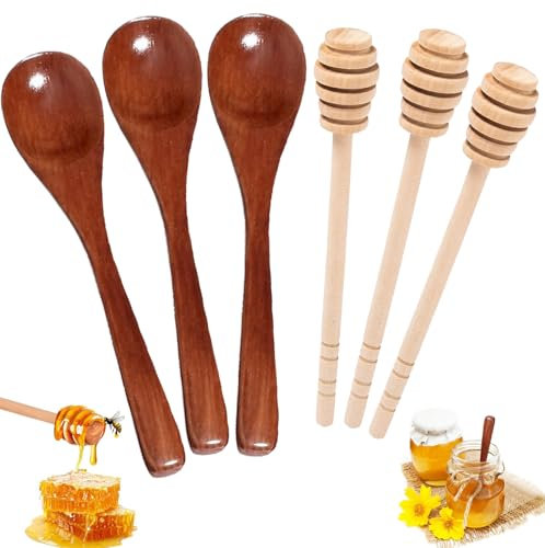 6Pcs Honey Spoons Set, Honey Dipper Sticks, Wooden Honey Mixing Stirrer, Sturdy Wooden Honey Spoon, 3 Small Wooden Spoons and 3 Mixing Sticks for Honey Jar Dispensing and Kitchen Use