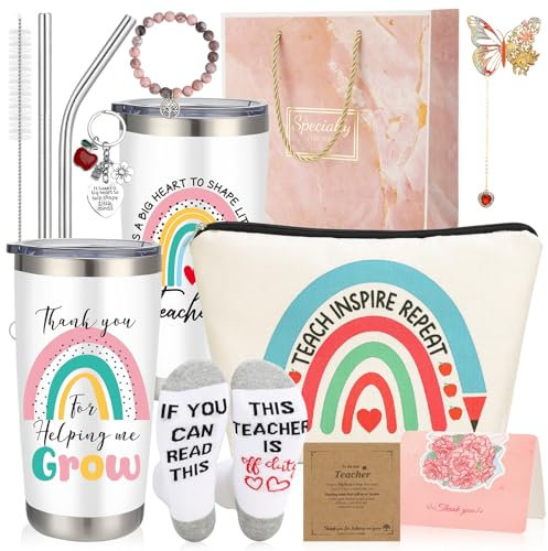 saerryor Teacher Present for Women,20oz WhiteTeacher Travel Mug Makeup Bag Bookmarks Socks Stone Braclect Greeting Card Thank You for End of Term, Back to School, Christmas Festival Gift