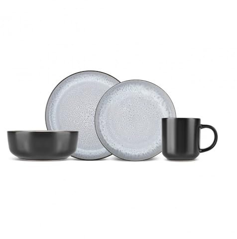 Karaca Messina 16-Piece Stoneware Dinner Set with Mugs for 4 People, Modern Plates and Bowls Set, Black Dinnerware with Reactive Glaze Finish, Dishwasher Safe