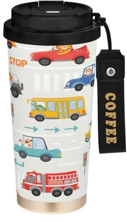Cgiub Cartoon Cars Insulated Coffee Mug BPA Free 500ml Stainless Steel Coffee Cup Double Wall Vacuum Travel Mug Reusable Leakproof Tumbler with Straw Lid