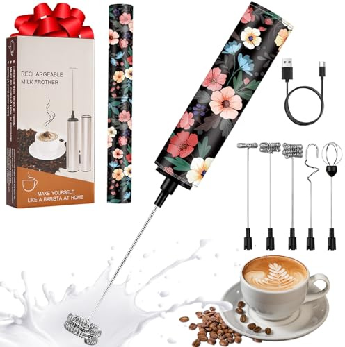 Milchschäumer Elektrisch USB-C mit 5 Wechselbaren Edelstahl-Schneebesen–2 Einstellbare Geschwindigkeiten (11.000/13.000 U/min), Wasserdichter Aufschäumer für Kaffee, Latte, Cappuccino, Matcha(Bunt 2)