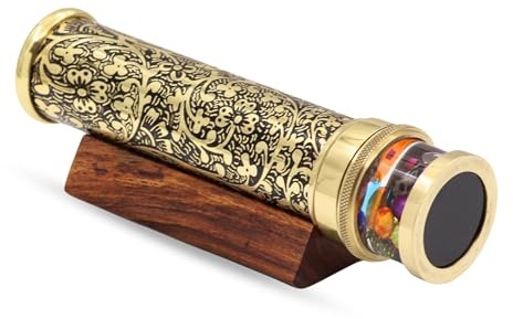 YVCrafts Handgefertigtes Öl-Kaleidoskop aus Messing, Blumengärten, säuregeätztes Vintage-Fass, ölgefüllte Zelle, 3-Spiegel-System, Holzsockel, einzigartiges Geschenk, Sammlerstück, personalisierte