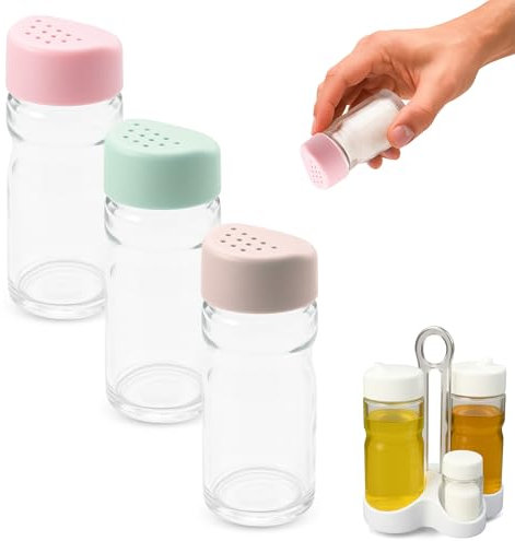 CHEFZOCO Salero para Convoys, Set De Pimenteros, Set De Saleros, Apto para Vinagreras Y Aceiteras De Mesa con soporte, Fabricada en plástico y vidrio, Libre de BPA, Pack 3 unidades multicolor