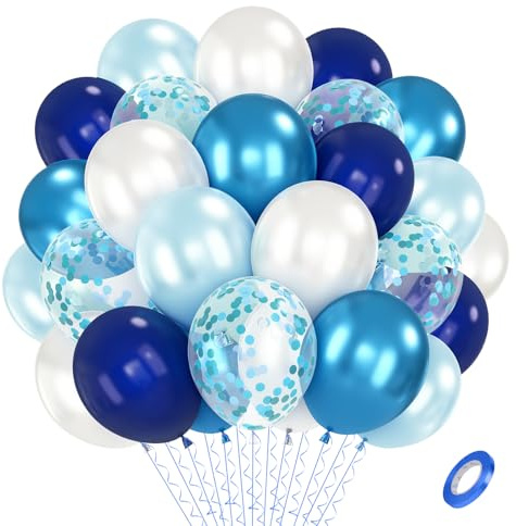AOOSU Luftballons Blau Silber, 65pcs Helium Ballon Latex Luftballons Dunkelblau Hellblau Metallic Luftballons Konfetti und Band, Geburtstag Party Dekorationen für Junge Kind