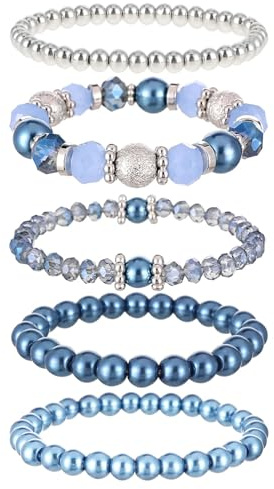 GAUEIOUR 5 Pcs Beaded Bracelets for Women Stackable Boho Style Elastic Crystal Bead Bracelet, Vacation Souvenir Jewelry Set, Women's Fashion Clothing Jewelry Birthday Gift