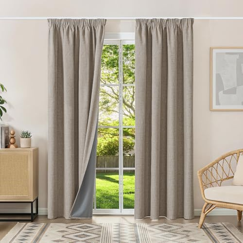 Runyéla 100% Verdunklungsvorhänge Thermovorhänge Kälteschutz Gardinen mit Kräuselband 230 x 120 cm (HxB) 2er Set Leinenoptik Vorhänge Blickdicht Leinen, Schiebegardinen Wohnzimmer Curtain
