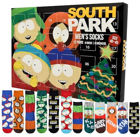 United Labels South Park Adventskalender mit 12 Paar Socken für Herren, Größe 40-45, Kalender mit Sneaker und langen Socken, Weihnachtskalender Geschenk